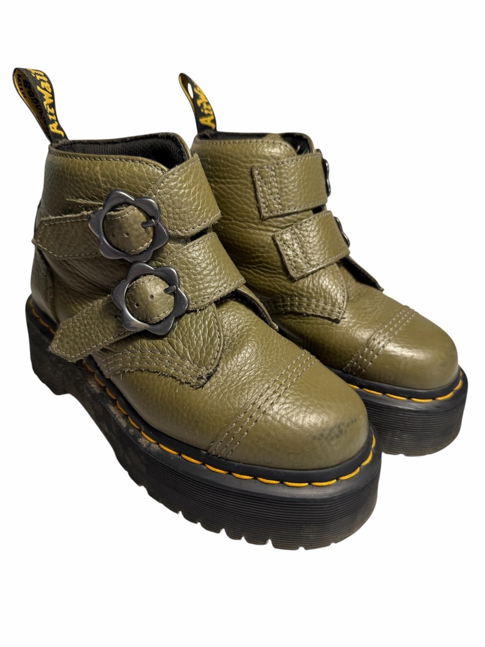 Dr. Martens Devon Flower Buckle Leather Platform Boots Khaki Green Sz 5